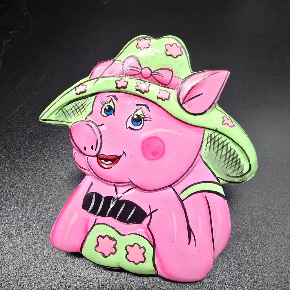 Sunbathing Pink Pig Wood Scarf Slide Beachy Vintage 1980s Hand Painted